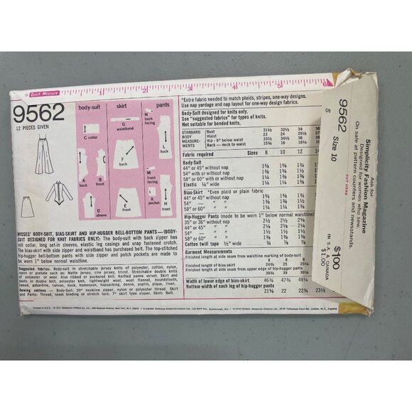 70s Simplicity 9562 Sewing Pattern Size 10 Bodysuit Skirt Hip Hugger Pants CUT - Picture 3 of 6